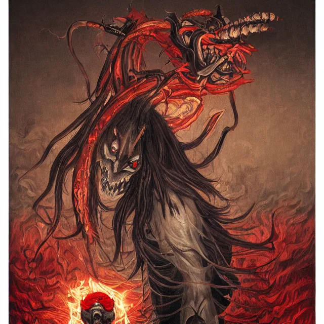 Prompt: a painting of a japanese demon by johfra bosschart, dark fantasy art, high detail, trending on artstation
