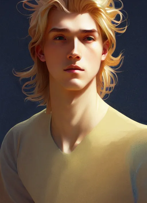 Image similar to pretty young man with shoulder length shiny shimmering golden blond hair, path traced, highly detailed, high quality, digital painting, by studio ghibli and alphonse mucha, leesha hannigan, wenjun lin, disney