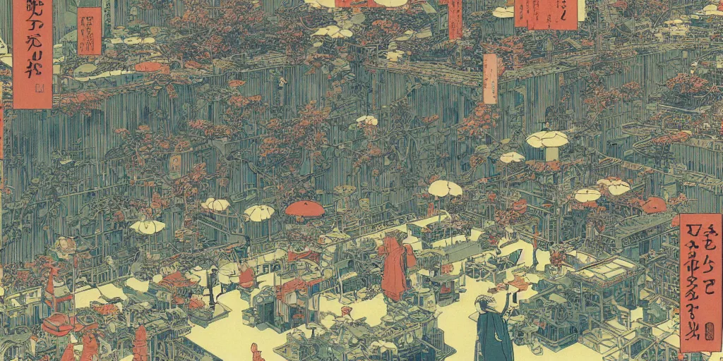 Image similar to gigantic dragonflies, tiny robots, a lot of exotic mecha robots around, human heads everywhere, risograph by kawase hasui, satoshi kon and moebius, 2 d gouache illustration, omnious, intricate, swimming pools and ice, fullshot