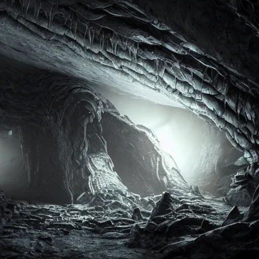 Prompt: ominous alien cavern, dark, moody, fog, highly detailed, trending on artstation, concept art, sharp focus, octane render, dramatic volumetric lighting, art by hr giger