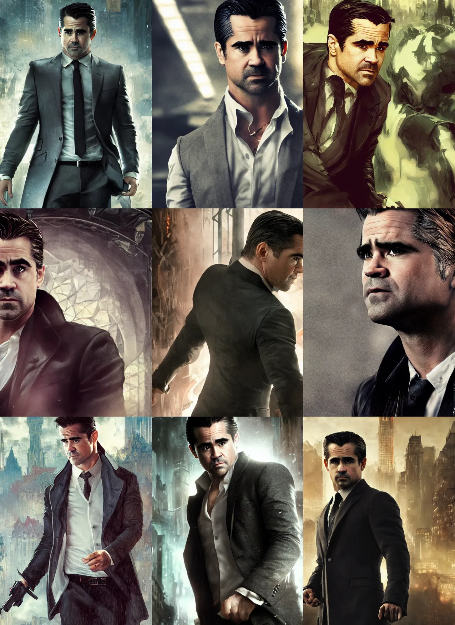 Prompt: colin farrell as bruce wayne, cinematic shot, 8 k, art by artgerm and greg rutkowski and alphonse mucha, movie screenshot