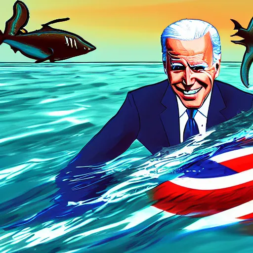 Prompt: joe biden sharkman swimming underwater, shark - human face, impressionism, gta 5, caricature, comic speed lines motion