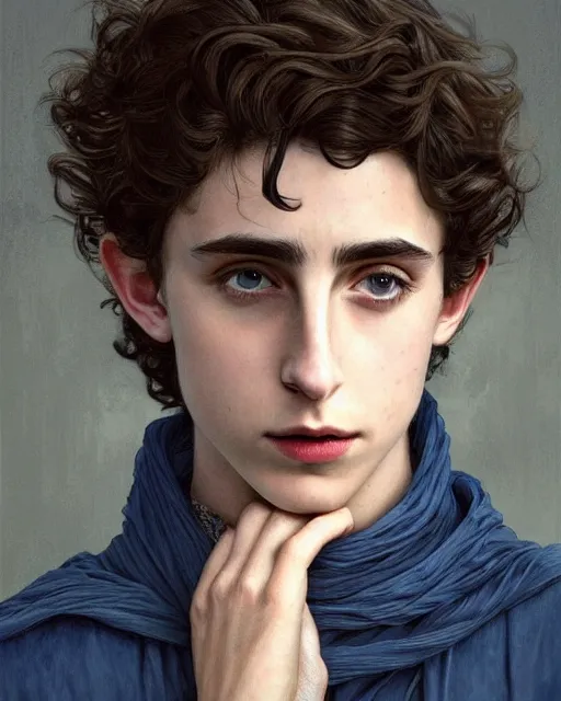 Image similar to beautiful paul atreides timothee chalamet with a beard!, in profile, emperor of the known universe, completely blue eyes, perfect dramatic and dark portrait insanely detailed, concept art, deep focus, intricate, highly detailed, digital painting, artstation, matte, sharp focus, illustration, art by greg rutkowski and alphonse mucha