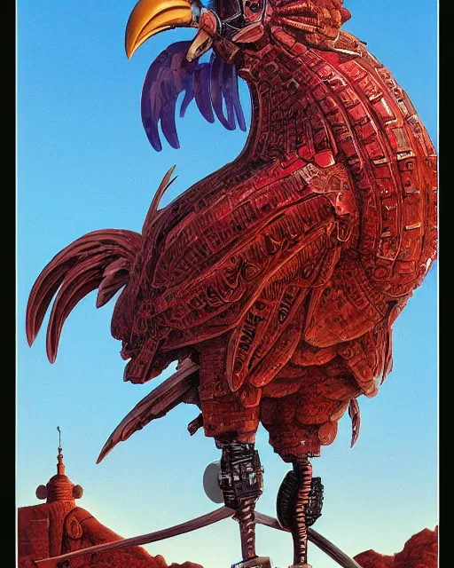 Image similar to digital painting of an ominous mechanical rooster, by wayne barlowe and bob pepper, dieselpunk, highly detailed, intricate, sharp focus, portrait, talons, anatomy, studio ghibli color scheme, tarot card