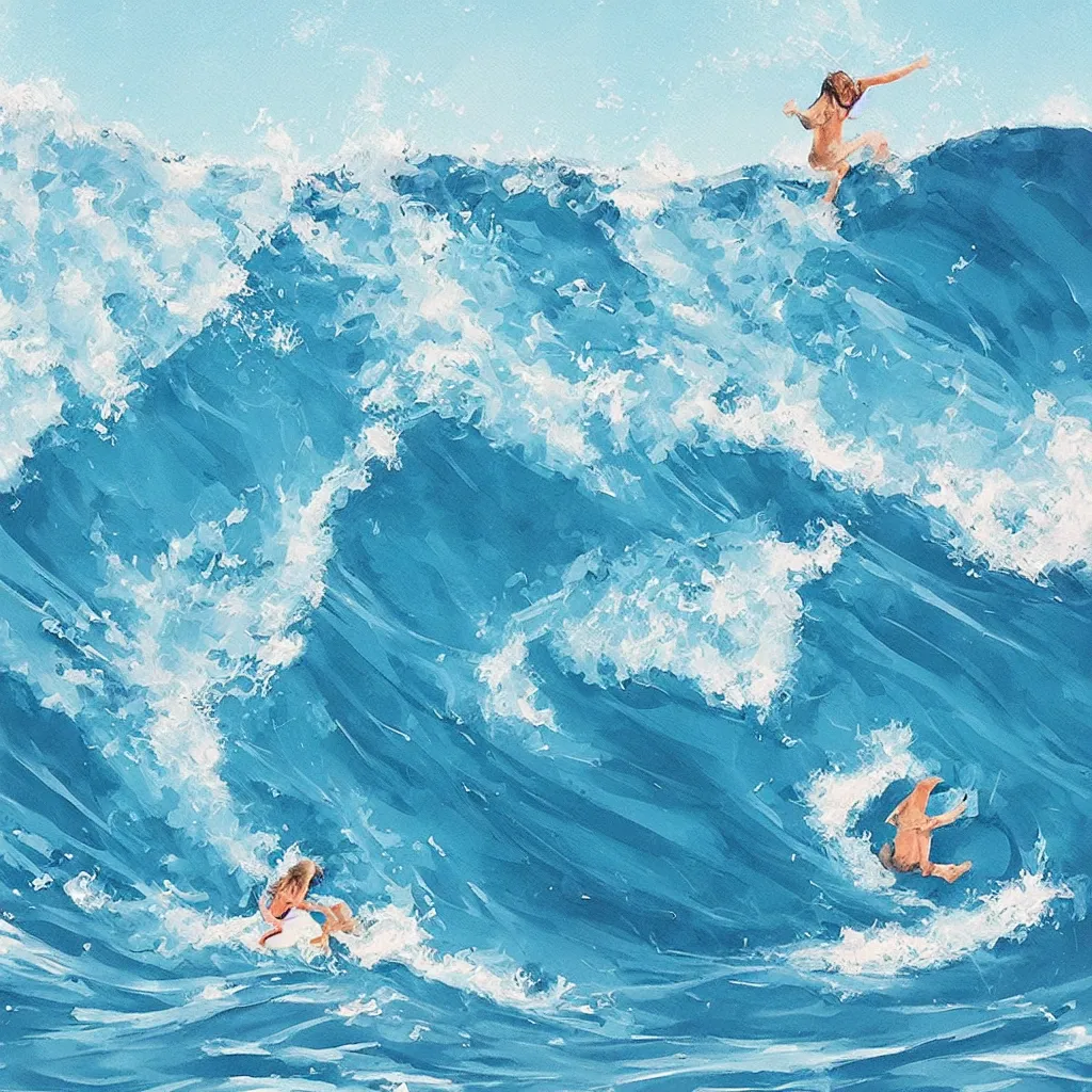 Image similar to “ a person is swimming and scared of getting crushed by a very big wave. a second person is surfing. digital art, cheerful, hawaii, blue sky ”