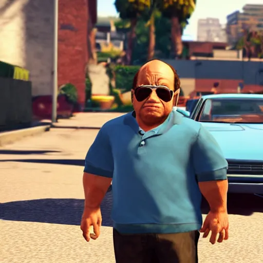 Prompt: a screenshot of danny devito in gta v. 3 d rendering, unreal engine. amazing likeness. very detailed. cartoon caricature