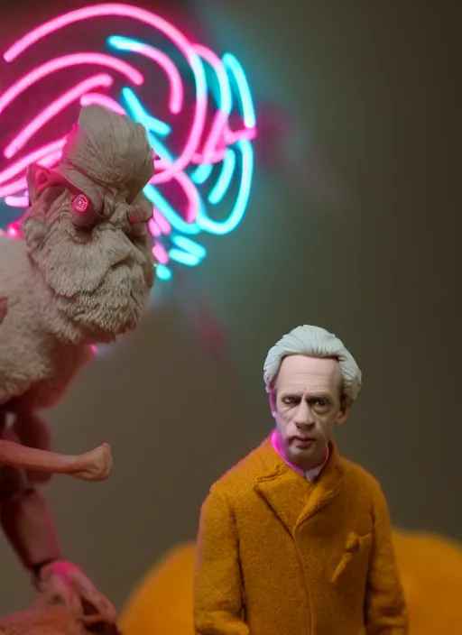 Prompt: product photography of a claymation action figure fluffy neon oled steve buscemi, depth of field, zeiss lens, detailed, centered, by erwin olaf, joop geesink, wes anderson, breathtaking, 8 k resolution, extremely detailed, beautiful, establishing shot, realistic materials, hyperrealistic