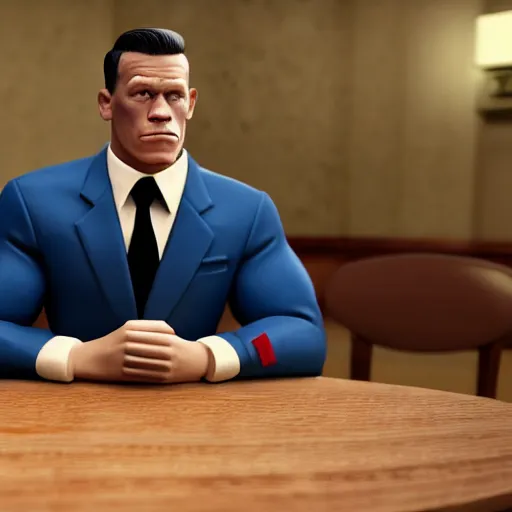 Image similar to john cena sitting at a table in a mao suit crying about the fact that his social credit score has gone down for the 5 0 th time this week realistic hyperrealistic 4 k resolution 8 k resolution highly detailed very detailed extremely detailed hd quality detailed face very detailed face extremely detailed face trending on artstation