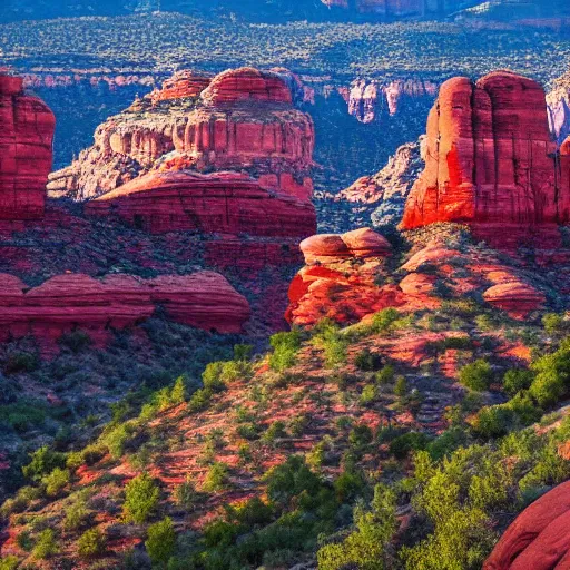 Image similar to bottom-up view from a huge deep red rock canyon in Sedona, in the evening light ultra detailed by National Geographic style, golden hour, atmospheric lighting, 8k resolution, best color graded, vray beautiful, hyper-realistic render W 1080 H 1080