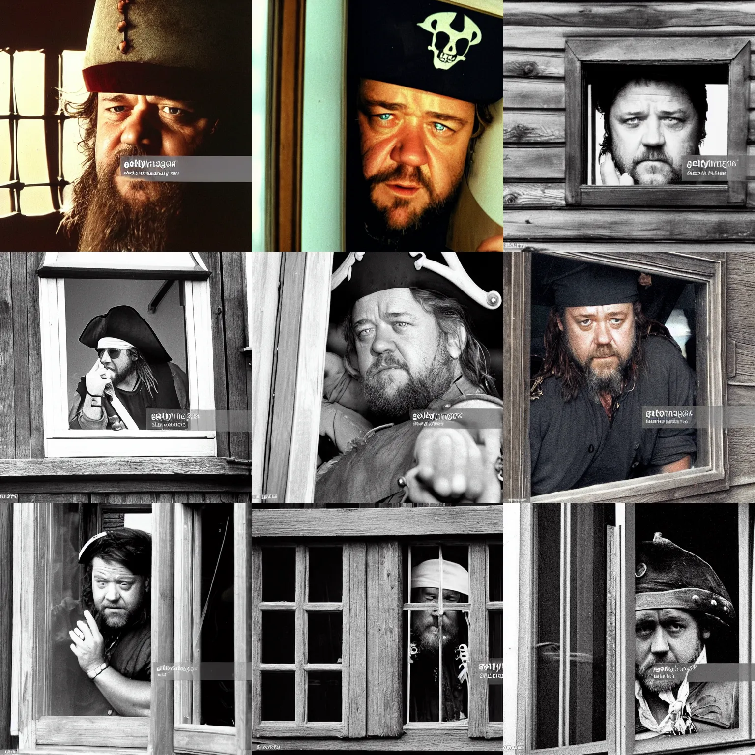 Prompt: gettyimages, russell crowe with large wide pirate captain hat peering out concerned down to camera from a small glass window in a wooden wall, 1 9 9 0