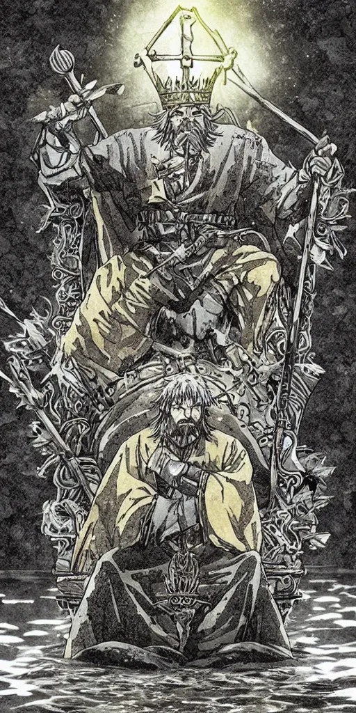 Image similar to a lone king sitting on a throne floating on water in the middle of a lake drawn by Makoto Yukimura in the style of Vinland saga anime, full color