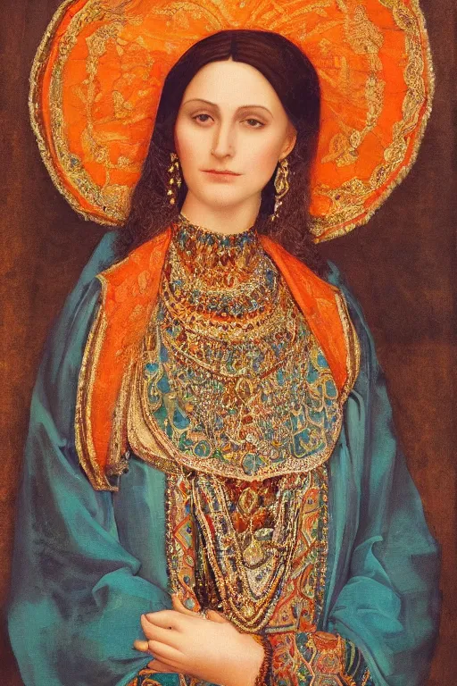 Prompt: stunning awe-inspiring portrait of a lady in traditional Armenian attire, wearing highly detailed jewelries and ornaments, by Da Vinci and Picasso, beautiful face, beautiful portrait lighting, teal and orange colored background with traditional lampstands and furnitures, artstation, smooth