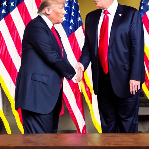 Image similar to 4 k hdr full body wide angle sony portrait of ron desantis kissing donald trump with moody stormy overcast lighting