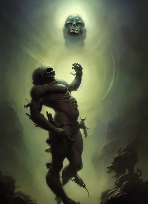 Image similar to shackled in the void of hell, frank frank frazetta and cgsociety, stunning god of sasquatch, charlie bowater and tom bagshaw, insanely detailed, deviantart, space art, atoms surrounded by skulls, death, and spirits deep under the haze smoke, horror, sci - fi, surrealist painting, by peter mohrbacher