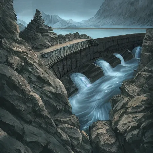 Prompt: A broken lake dam high in the mountains made from stone. The dam is broken in the middle causing the river below to overflow.Fantasy, concept art, sharp focus, artstation