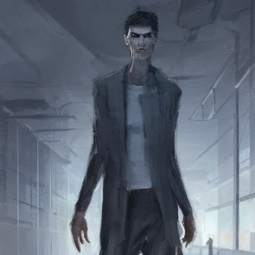 Image similar to concept art by greg rutkowski, a very tall and slender young man, dressed in patient clothes and an open sweatshirt, wandering through the desolate, futuristic, brutalist interior of a space colony, depressing atmosphere, low lighting, scifi, highly detailed portrait, digital painting, artstation, concept art, smooth, sharp foccus ilustration, artstation hq