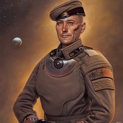 Prompt: id photo of a space officer in military outfit, art by tomasz alen kopera