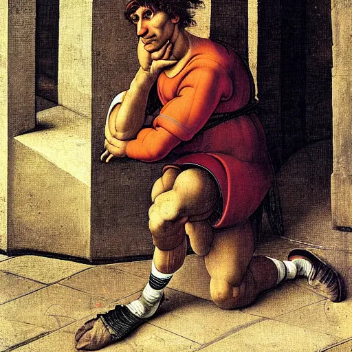 Prompt: Caricature. thomas muller is a bum in the streets of berlin, looking at the ground, sad. extremely detailed painting. by Botticelli, Michelangelo and Leonardo da Vinci.