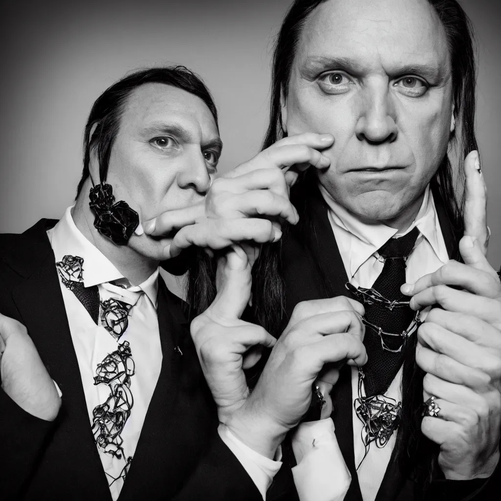 Image similar to francois legault, suit and tie, business outfit, black metal make - up, album cover, band name, dark forest, studded choker, long black hair