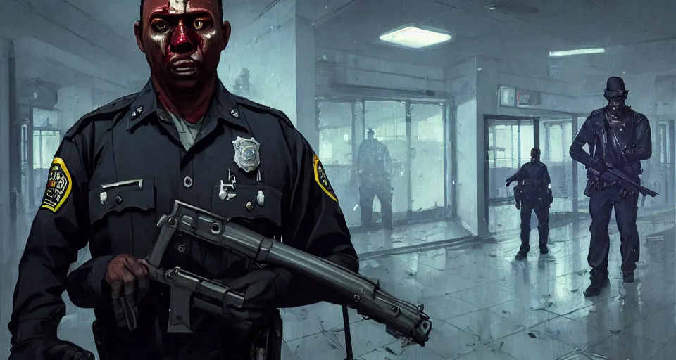 Prompt: highly detailed portrait black police officer zombie with gaping wounds in gta v, police station interior, stephen bliss, unreal engine, fantasy art by greg rutkowski, loish, rhads, ferdinand knab, makoto shinkai and lois van baarle, ilya kuvshinov, rossdraws, tom bagshaw, global illumination, detailed and intricate environment