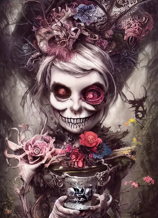 Image similar to Alice attends Mad Tea Party, Cheshire Cat, Mad hatter,highly detailed,half skull face,cinematic,8k,by Stanley Artgermm,Tom Bagshaw,Greg Rutkowski,Carne Griffiths, Ayami Kojima, Beksinski, Giger,trending on DeviantArt,hyper detailed,horror, full of colour