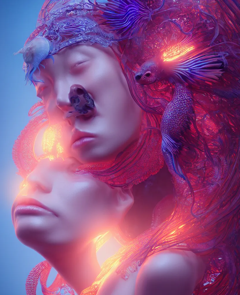 Image similar to goddess close-up portrait. orchid jellyfish phoenix head, nautilus, skull, betta fish, bioluminiscent creatures, intricate artwork by Tooth Wu and wlop and beeple. octane render, trending on artstation, greg rutkowski very coherent symmetrical artwork. cinematic, hyper realism, high detail, octane render, 8k