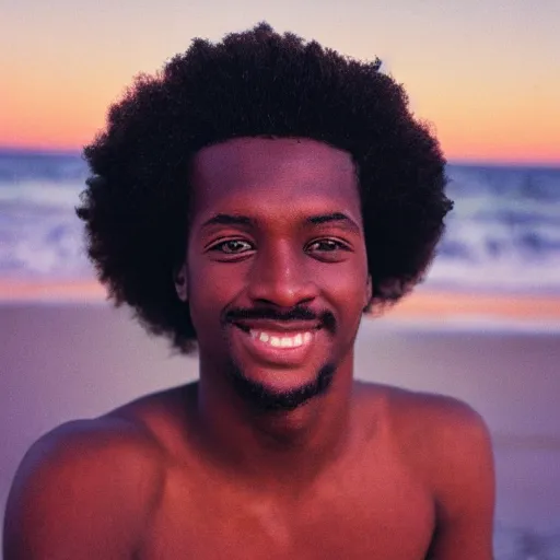 Prompt: close - up portrait of an young beautiful afro men at the beach, zoomed, sharp focus, sunset, film still, analog film, 3 5 mm, 1 9 8 4, disposable camera, retro