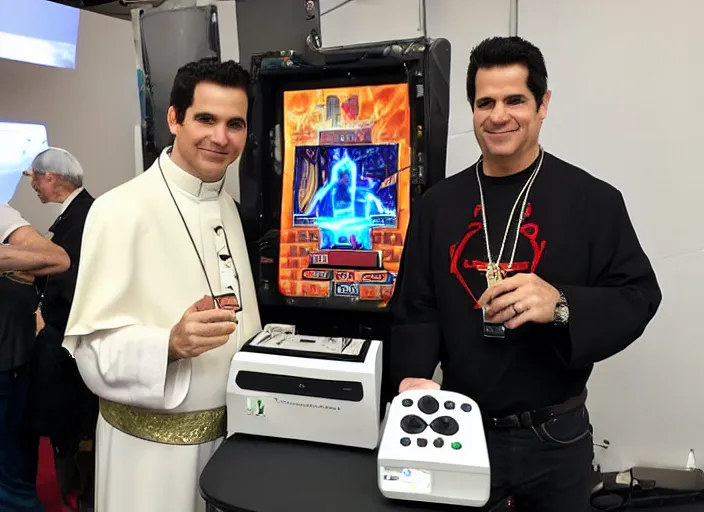 Image similar to tommy tallarico posing with the pope holding an intellivision controller at electronic gaming expo