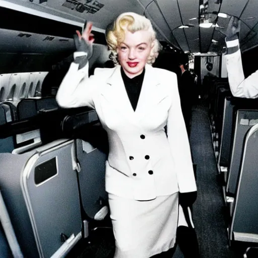 Image similar to DSLR 35mm film photography of marilyn monroe as a flight attendant in 1998