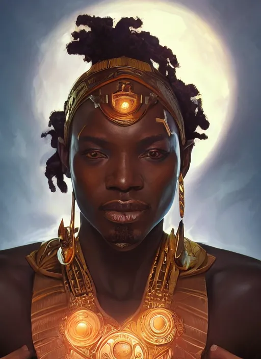 Image similar to highly detailed digital painting of afrofuturistic wakandan scientist biocircuitry voodoo priest, masculine and sinister, artstation, concept art, matte, sharp focus, illustration, dramatic, cinematic sunset, hearthstone, art by artgerm and greg rutkowski and alphonse mucha