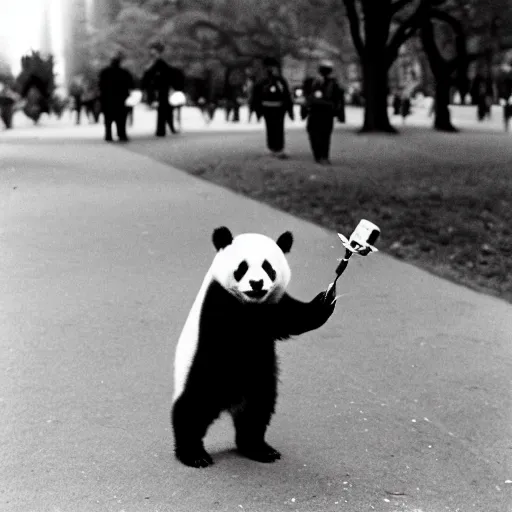 Image similar to of a black and white flash photograph by diane arbus of a panda holding a toy hand grenade in central park.