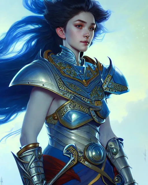 Image similar to Portrait of a Fantasy azure knight, moonlit, HD, illustration, epic, D&D, fantasy, intricate, elegant, highly detailed, digital painting, artstation, concept art, smooth, sharp focus, illustration, art by artgerm and greg rutkowski and alphonse mucha, monster hunter illustrations art book