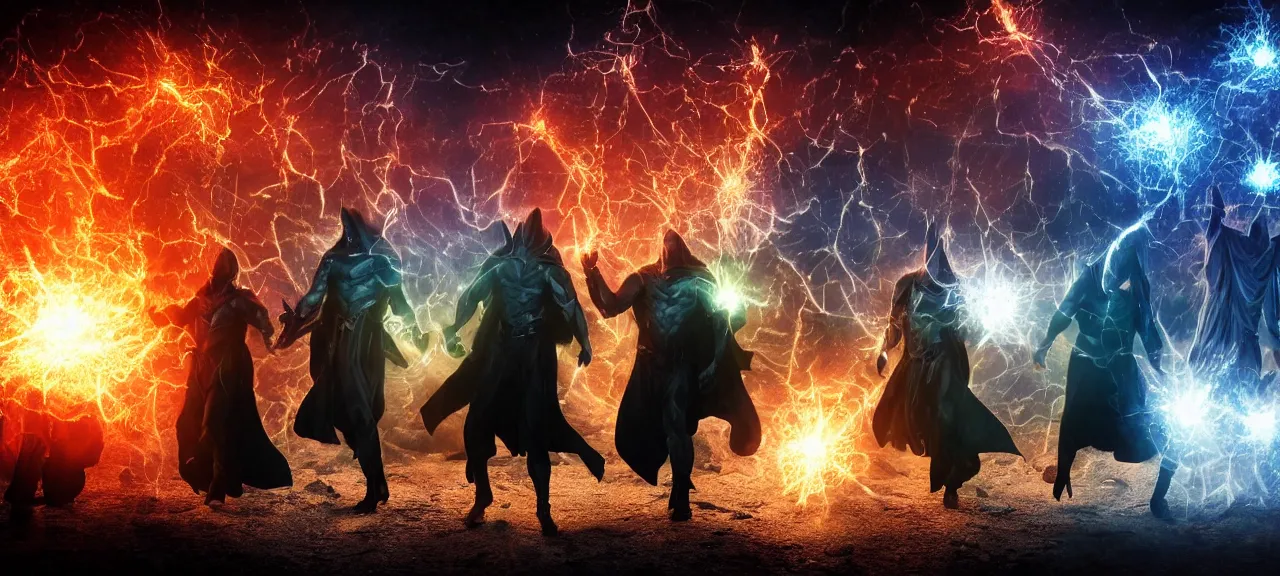 Prompt: Photorealistic still image of six wizards standing in dark cave and shoot fireballs from their magic staffs at DC comic character Black Adam, dark ancient atmosphere, full of glowing bouncing particles floating randomly from ground, dramatic lighting, fluidy colorful particles rising from ground, realism of hollywood movie with incredible amount of fine details