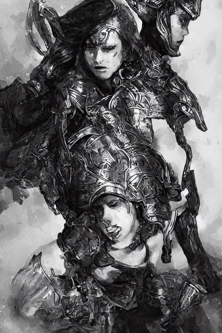 Prompt: alicia vikander as a knight | emotional, angry, screaming | combat | black and white manga | high quality scan, trending on artstation
