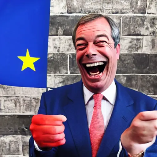 Image similar to nigel farage laughing holding burning eu flag, studio photograph, hd, studio