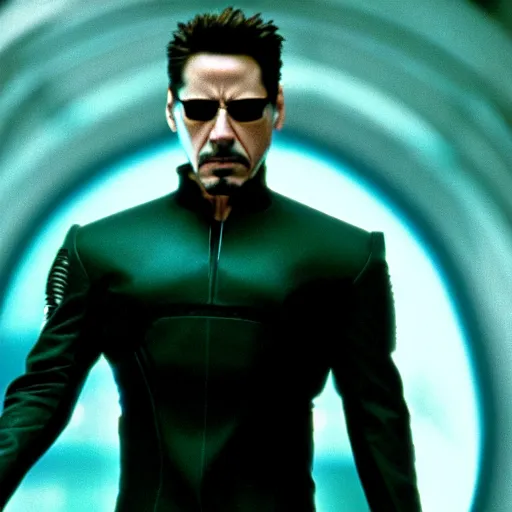 Image similar to cinematic still of Tony Stark in The Matrix (1999), XF IQ4, f/1.4, ISO 200, 1/160s, 8K, RAW, dramatic lighting, symmetrical balance, in-frame