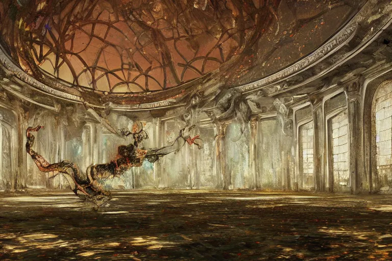 Image similar to a beautiful painting of a domed decaying ballroom, rot and vines everywhere, in center an elegant dancer on flamingo legs, by salvador dali, artstation, dramatic lighting