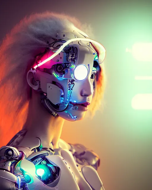 Image similar to photo of dreamy female as a solarpunk cyborg with fluorescent lamps over face, robotic body parts around neck, real human face with skin, ultra - realistic and detailed, long exposure, soft focus hdr 8 k