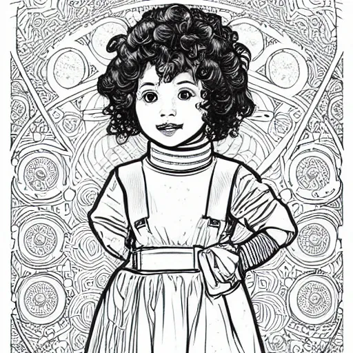 Image similar to clean simple line art of a cute little girl with short wavy curly hair. she is dressed as an astronaut. no background. well composed, clean coloring book page, beautiful detailed face. coloring book line art by artgerm and greg rutkowski and johanna basford and alphonse mucha