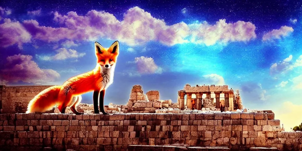 Prompt: a beautiful small fox in the huge ruins of the second temple in jerusalem, dreamy sky, the third temple hovers quietly hiding in the sky above, very colorful painting 8 k trending on art station, intricate superb details, digital art, cinematic lighting, volumetric lighting, photographic, blur bokeh defocus dof sky by afremov, award winning masterpiece.