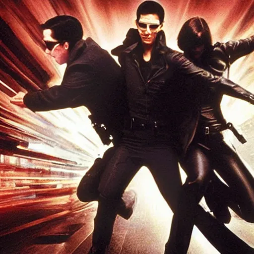 Image similar to trinity fighting cops. Matrix movie screenshot. Epic keyframe.