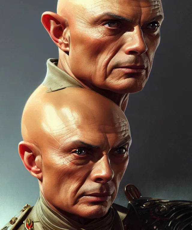Image similar to Yul Brynner as a very angry bald general, portrait, intricate, elegant, highly detailed, digital painting, artstation, concept art, smooth, sharp focus, illustration, art by artgerm and greg rutkowski and alphonse mucha