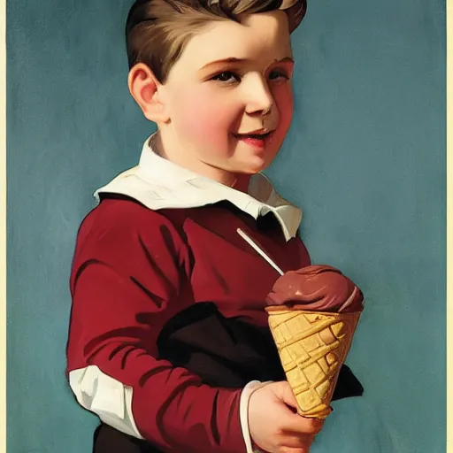 Prompt: boy with ice cream by leyendecker, in the playground alone