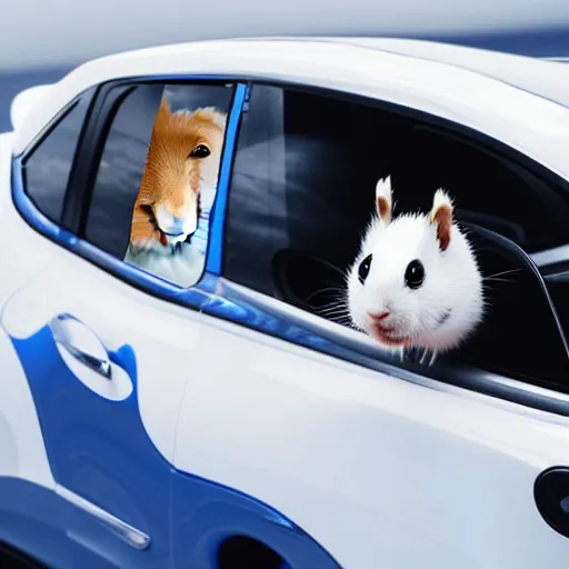 Prompt: racing, test drive, white hamster piloting a blue qashqai travelling on the road with open windows