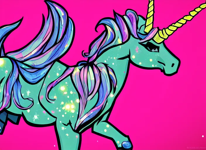 Image similar to a unicorn made out of diamonds in the style of Borderlands. Cel-shading, colorful, detailed