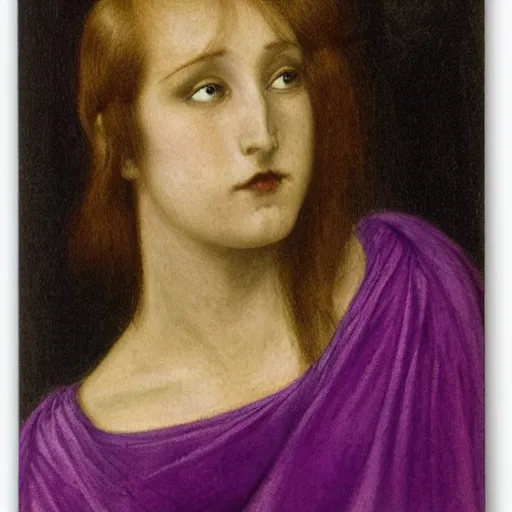 Image similar to bald young female with purple skin by Rossetti