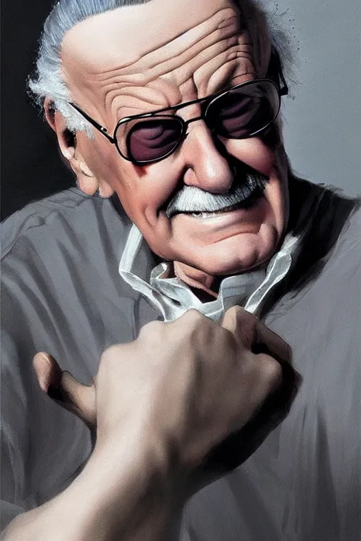 Prompt: Stan Lee on a caravaggio cloudy background, intricate, elegant, highly detailed, artstation, concept art, smooth, sharp focus, illustration, , digital art from artstation, digital art from deviantart, by Stjepan Sejic, Ruan Jia, and Mandy Jurgens, and Artgerm, and william adolphe bouguereau