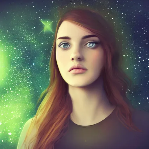 Image similar to an hd photo of a young woman with brown hair, green eyes, beautiful trees in the background, night sky with multicolor stars and galaxies, trending on artstation