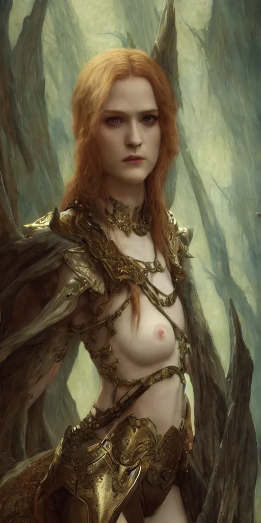 Image similar to evan rachel wood, beautiful fantasy maiden, dungeons and dragons, masterpiece by edgar maxence and ross tran and michael whelan, gustav dore, 8 k, octane render