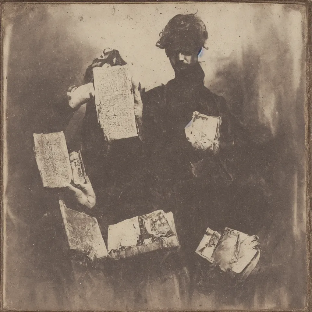 Image similar to tintype of a pagan cultist with occult books